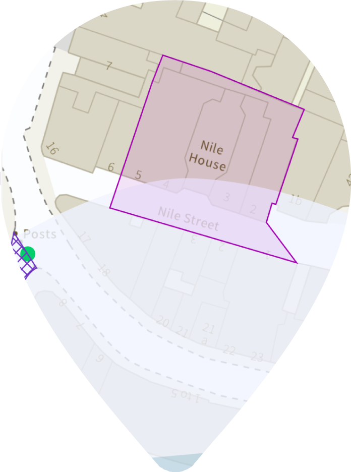 A location pin with a map highlighting a site boundary inside