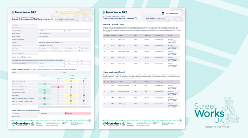 Desktop Risk Assessment form with the offical Street Works UK logo in the bottom right hand corner.