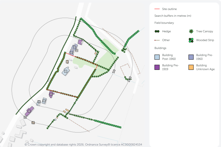 Site map shows area from a Preliminary Roost Assessment (PRA) that was undertaken within existing guidelines. It shows boundaries drawn in green and red around the stautory site.
